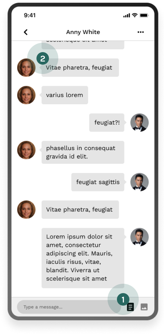 The chat screen before: unlabelled icons over a generic message thread.